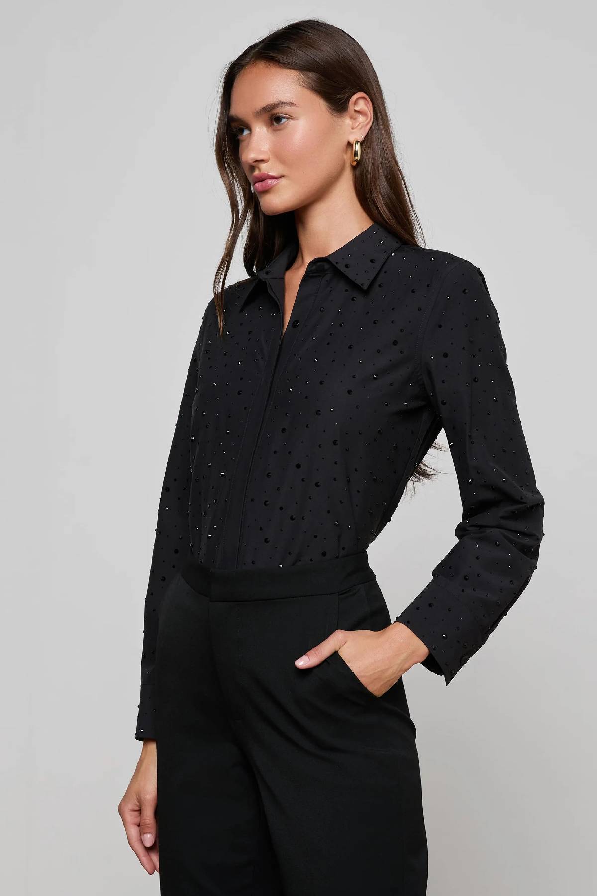 L'AGENCE Ellery Crystal Shirt - Black/ Crystal