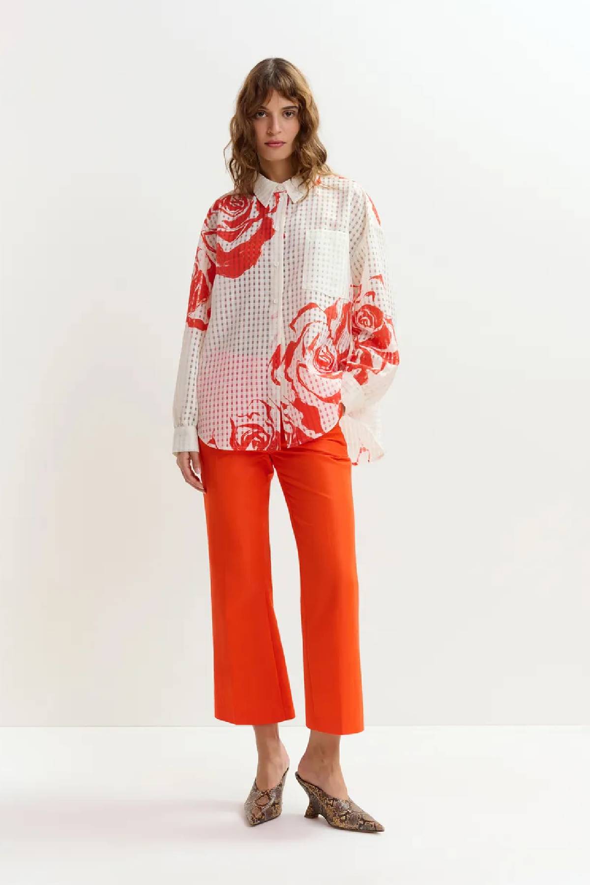 Essentiel Antwerp Oversized Sheer Printed Shirt - Off White/Orange