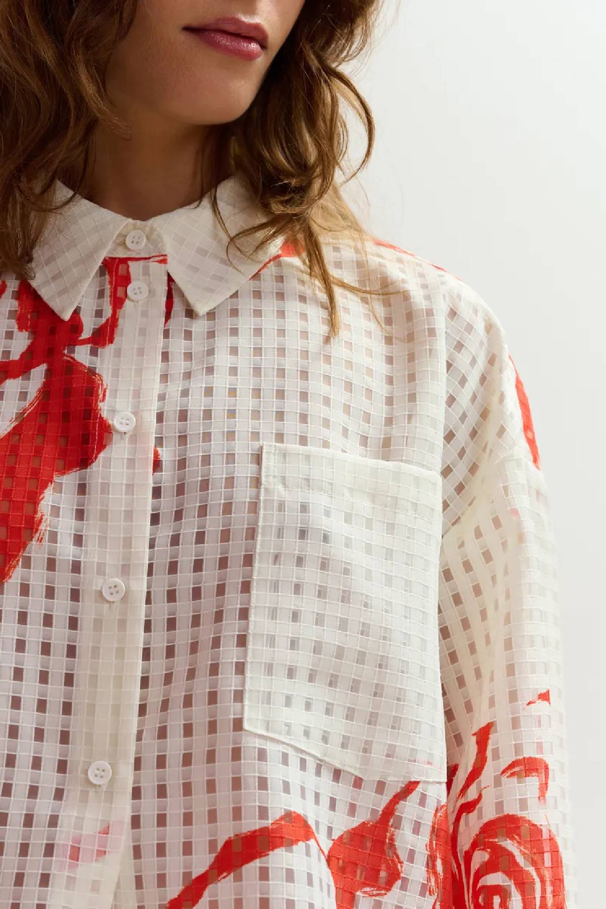 Essentiel Antwerp Oversized Sheer Printed Shirt - Off White/Orange