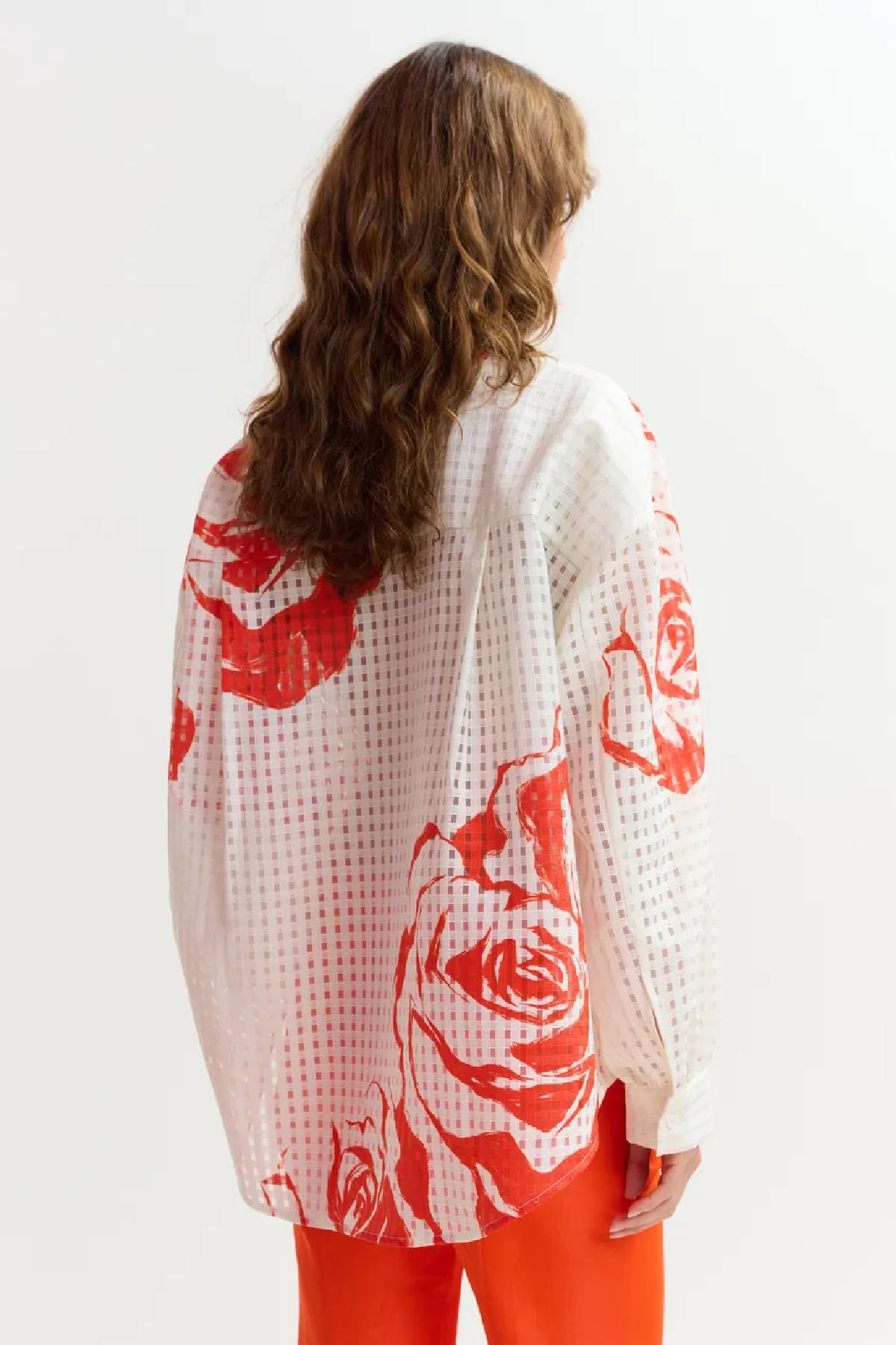 Essentiel Antwerp Oversized Sheer Printed Shirt - Off White/Orange