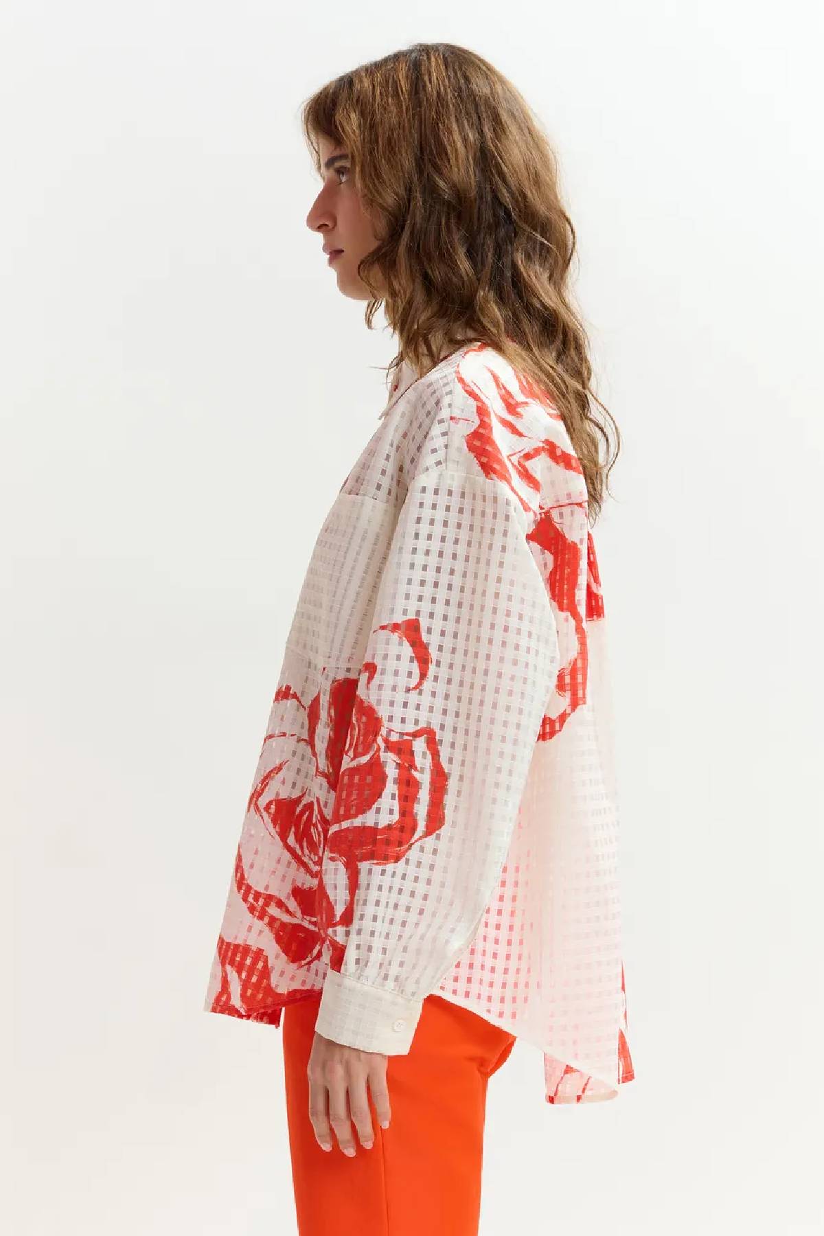 Essentiel Antwerp Oversized Sheer Printed Shirt - Off White/Orange