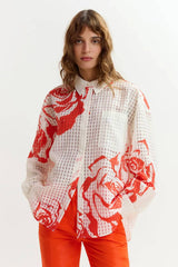 Essentiel Antwerp Oversized Sheer Printed Shirt - Off White/Orange