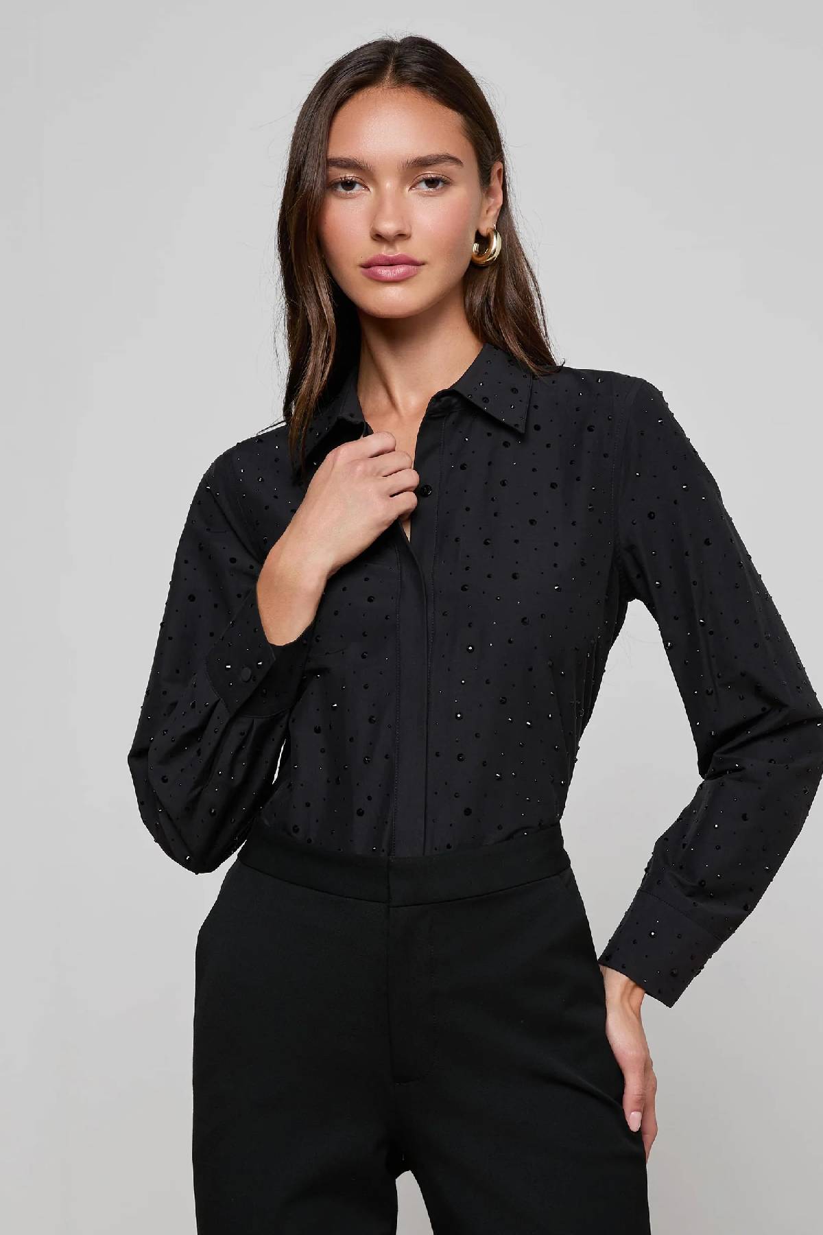 L'AGENCE Ellery Crystal Shirt - Black/ Crystal