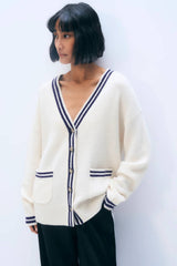 White + Warren Cashmere Varsity Cardigan - Soft White/ Deep Navy