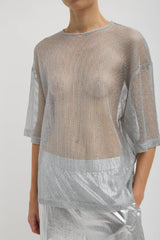 Tibi Viscose Metallic Mesh Easy T-Shirt - Silver