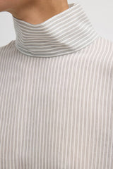 Tibi Ultra Light Silk Tencel Striped Funnel Neck Shirt - White Grey Multi