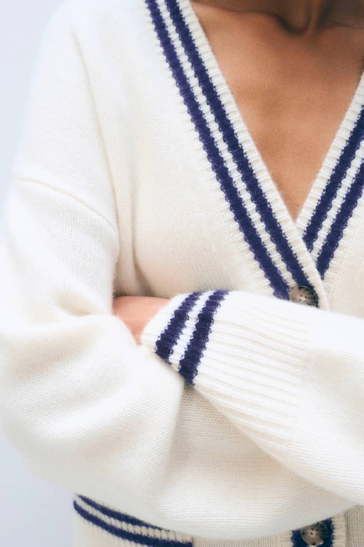 White + Warren Cashmere Varsity Cardigan - Soft White/ Deep Navy