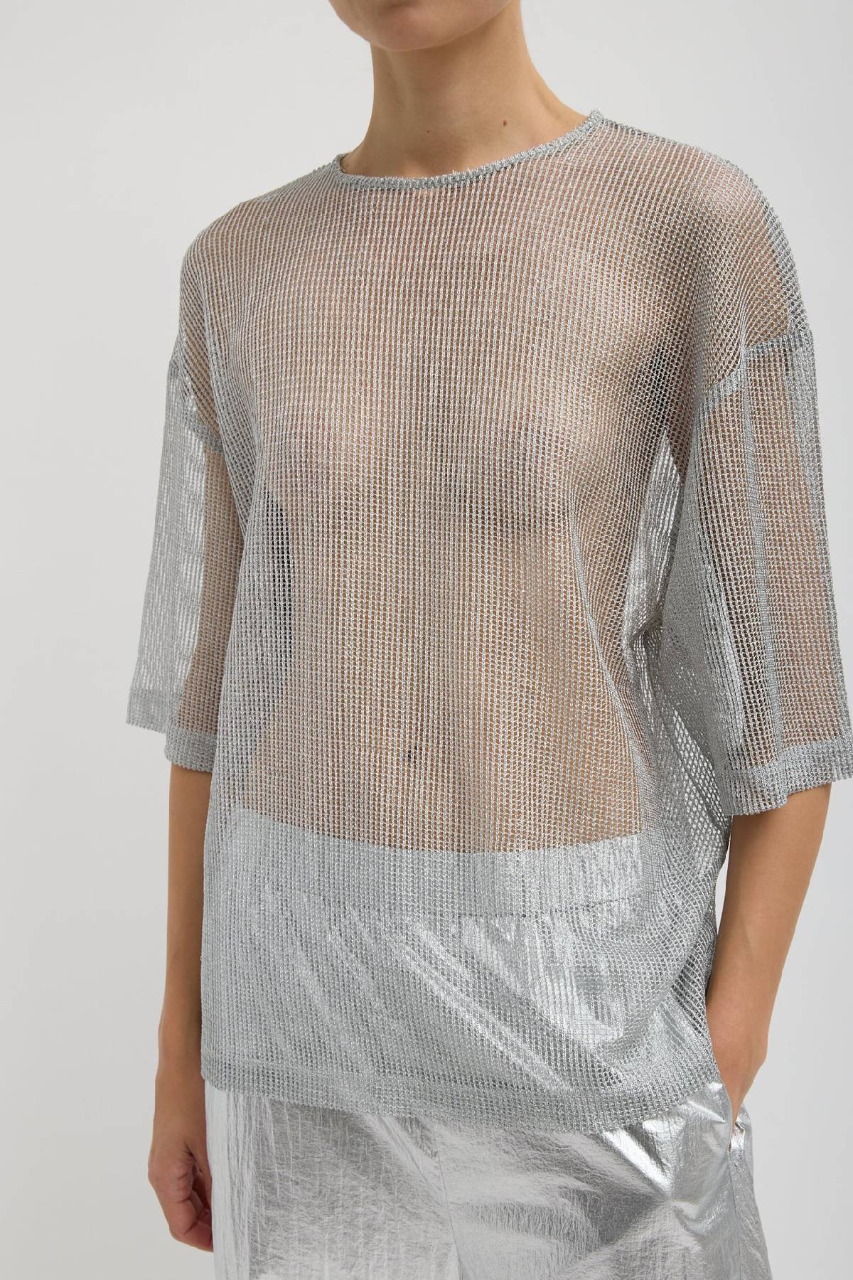 Tibi Viscose Metallic Mesh Easy T-Shirt - Silver