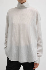 Tibi Ultra Light Silk Tencel Striped Funnel Neck Shirt - White Grey Multi