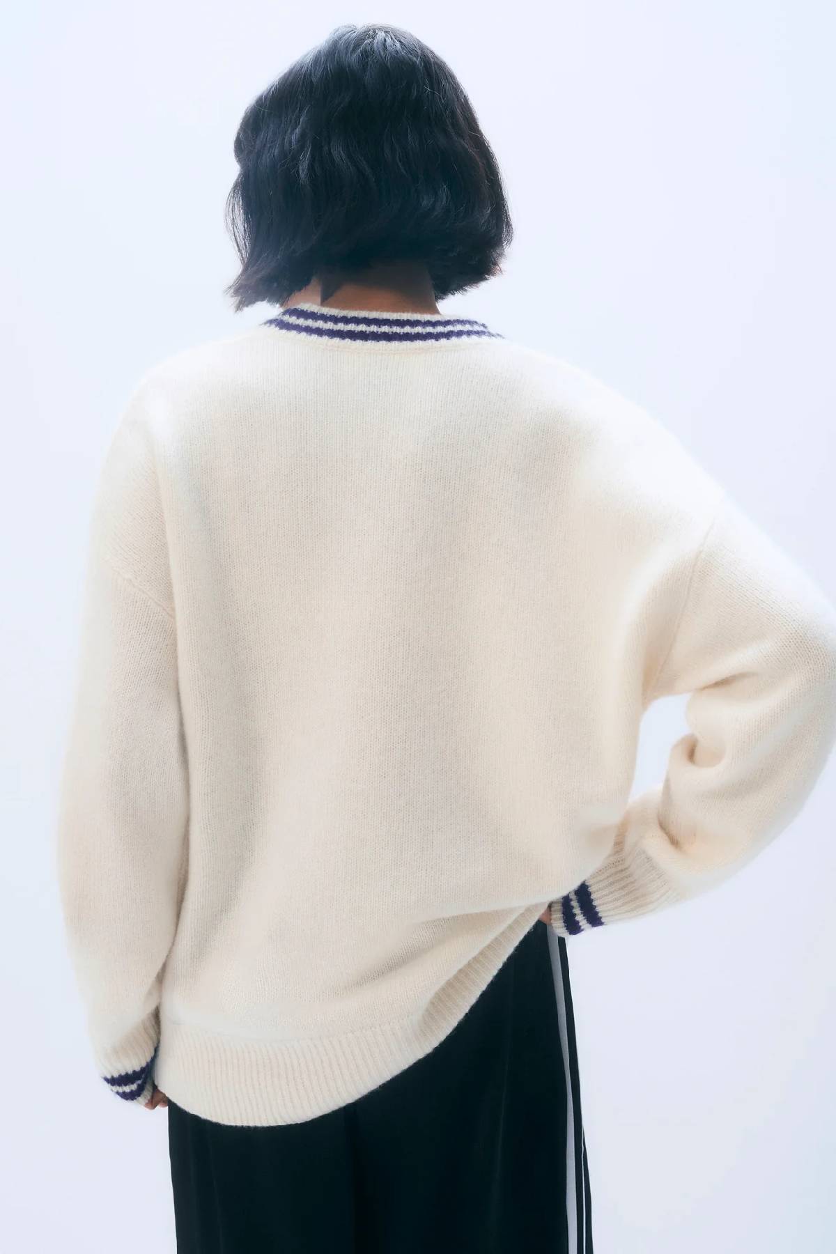 White + Warren Cashmere Varsity Cardigan - Soft White/ Deep Navy