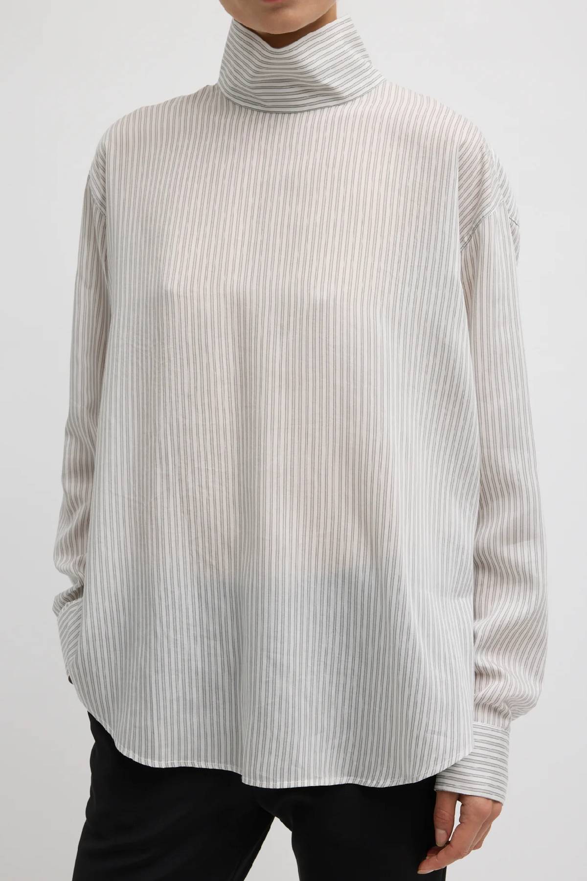 Tibi Ultra Light Silk Tencel Striped Funnel Neck Shirt - White Grey Multi