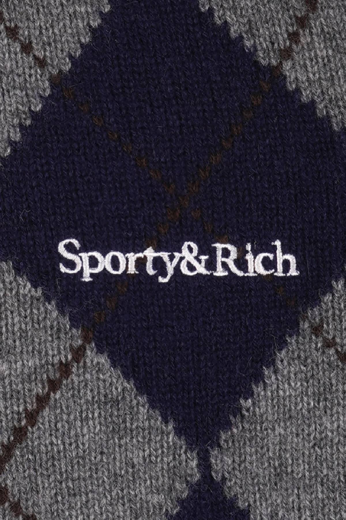 Sporty & Rich Serif Logo Argyle Cashmere Polo - Gray