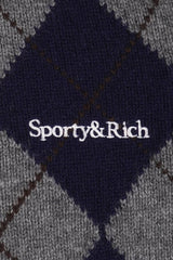 Sporty & Rich Serif Logo Argyle Cashmere Polo - Gray