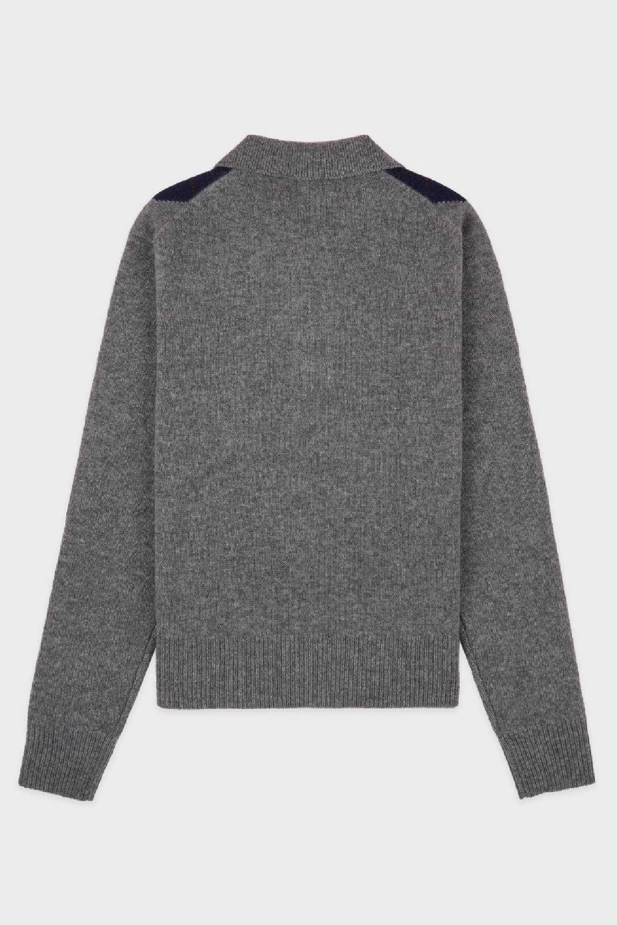 Sporty & Rich Serif Logo Argyle Cashmere Polo - Gray