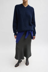 Tibi Cardigan Stitch V-Neck Easy Pullover - Dark Navy