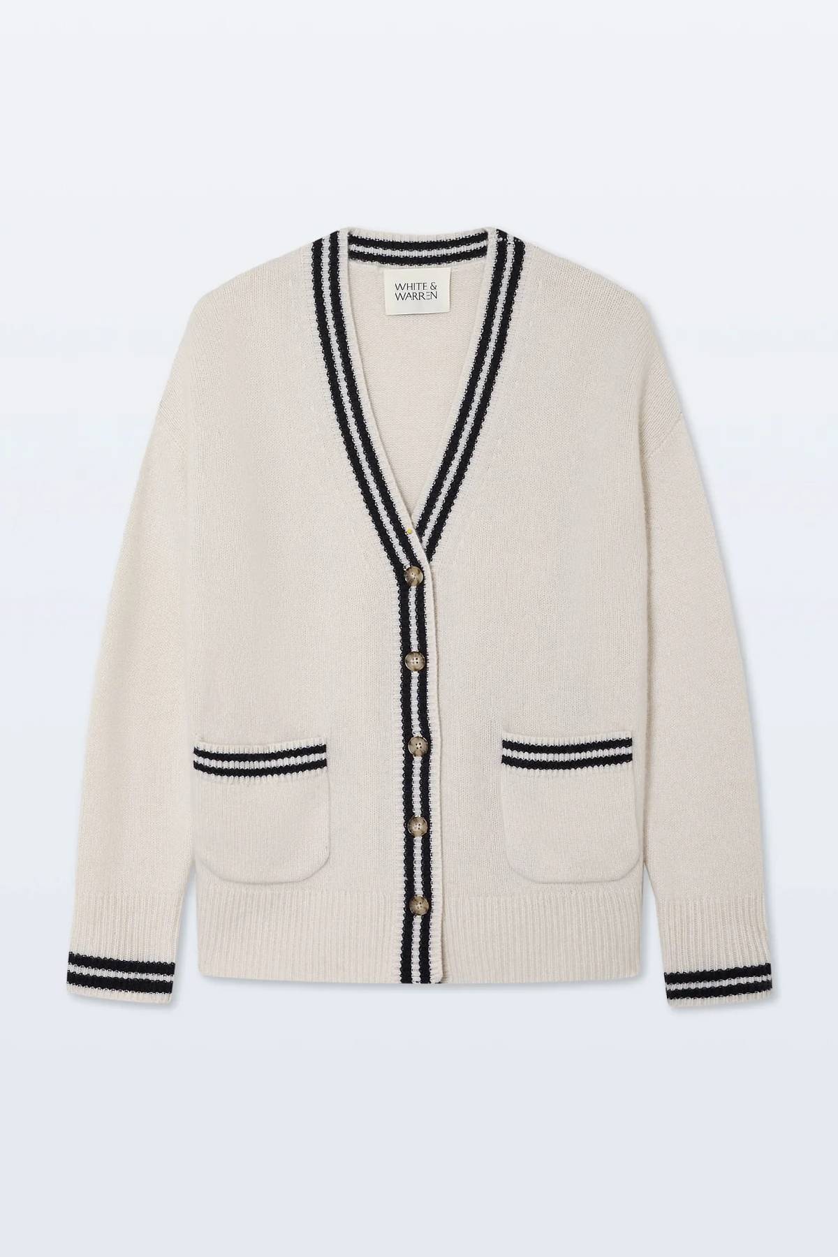 White + Warren Cashmere Varsity Cardigan - Soft White/ Deep Navy