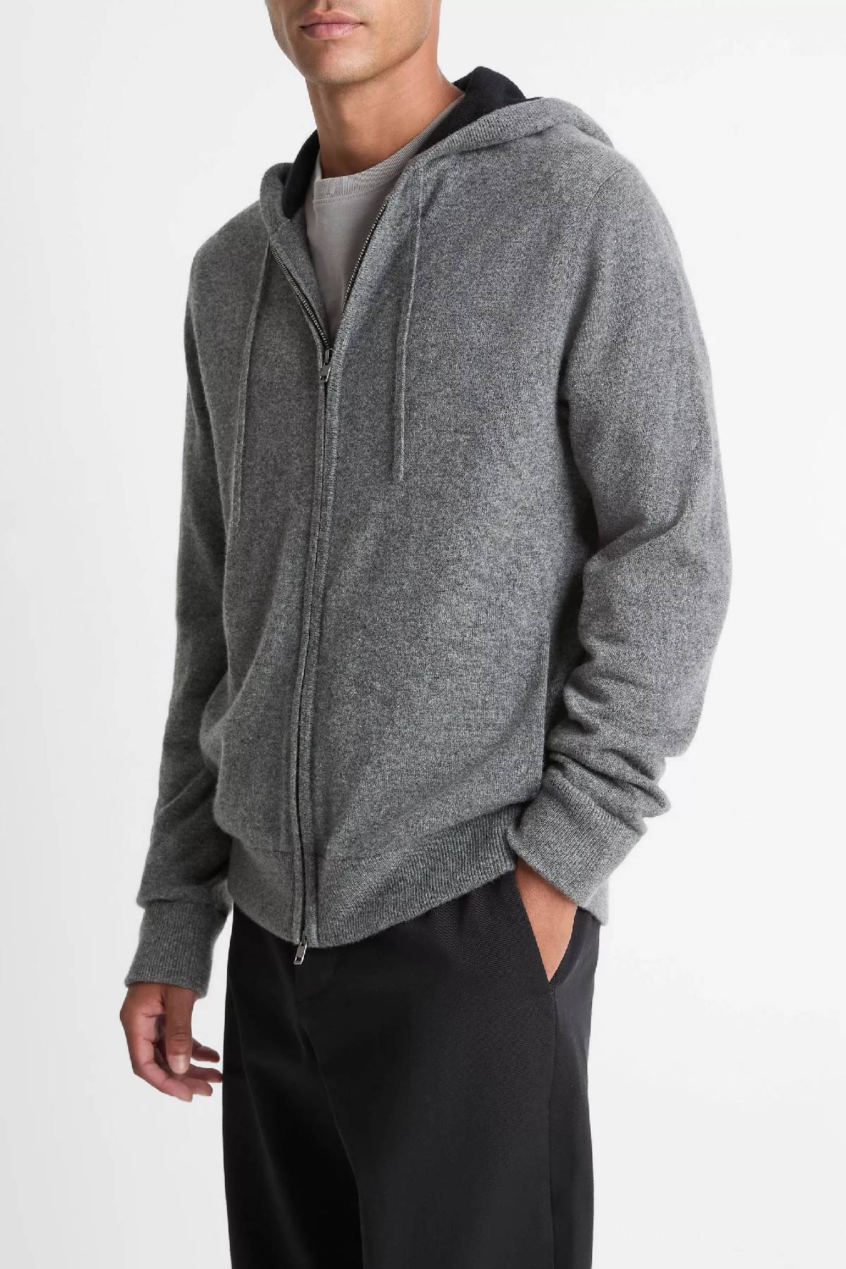 Vince Men's Cashmere Zip Front Hoodie - Medium Heather Grey/ Black