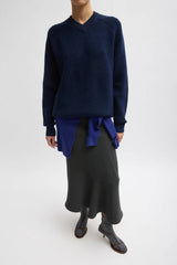 Tibi Cardigan Stitch V-Neck Easy Pullover - Dark Navy