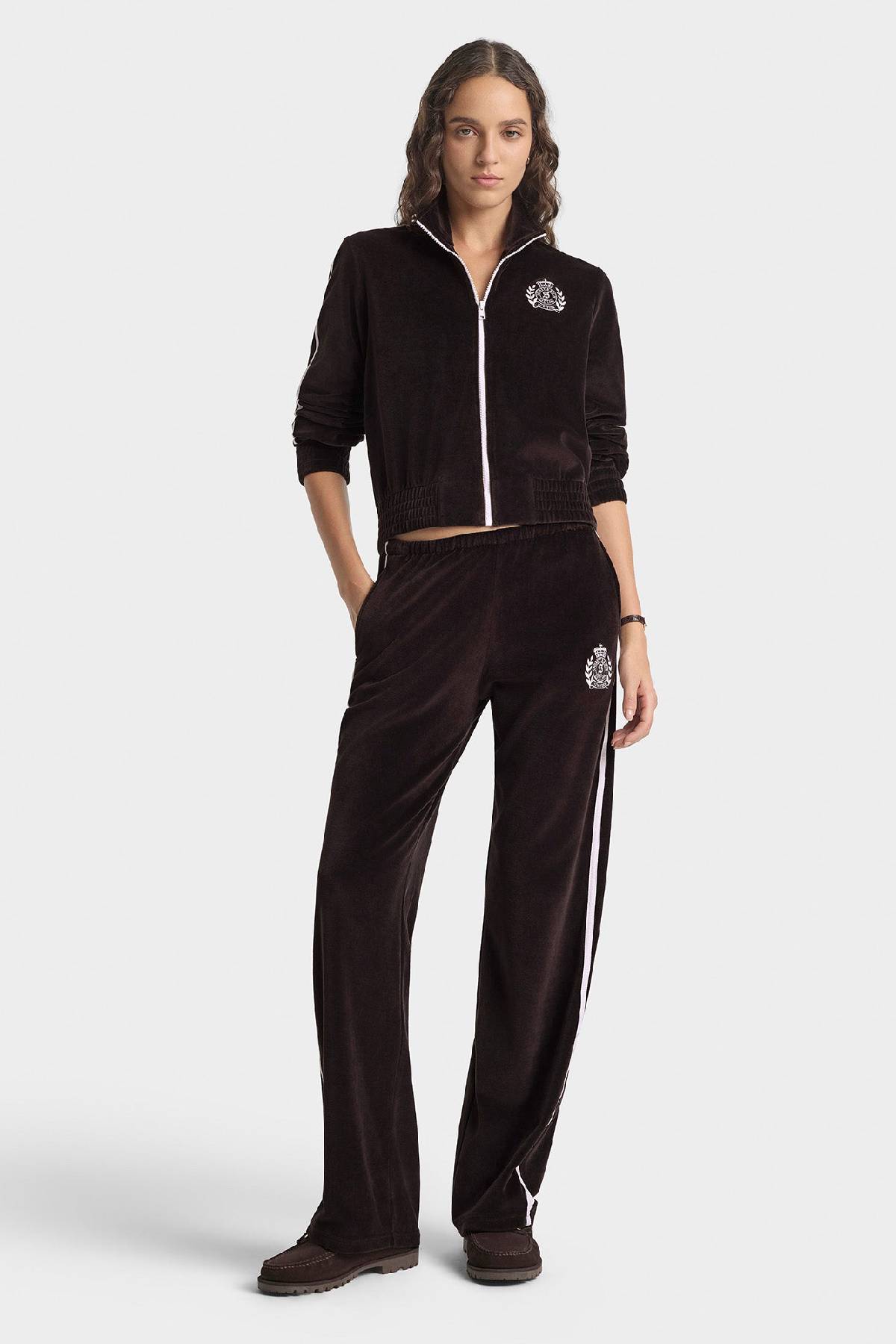 Sporty & Rich NY Crest Elio Velour Track Jacket - Chocolate