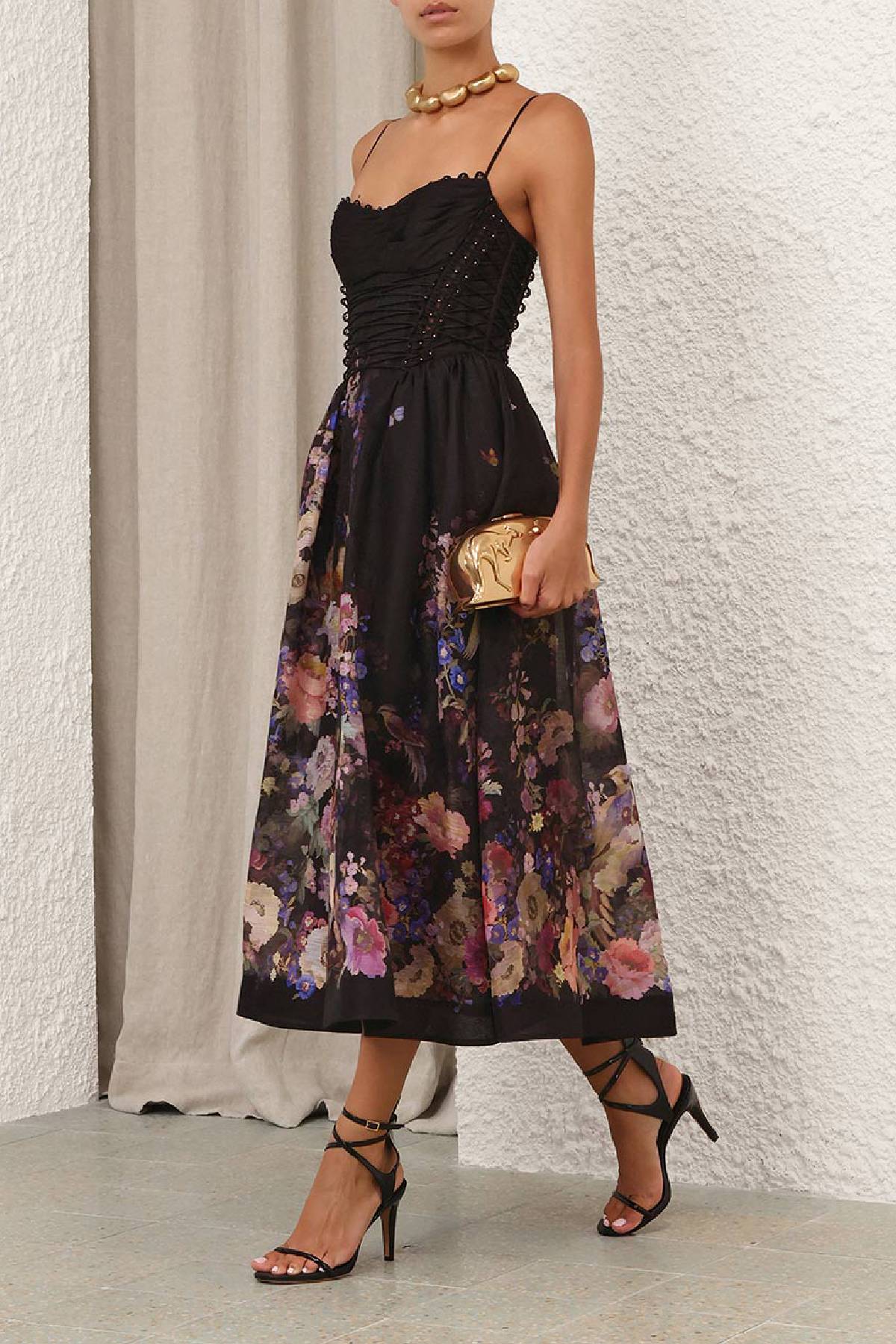 Zimmermann Luna Beaded Picnic Dress - Black Multi Floral