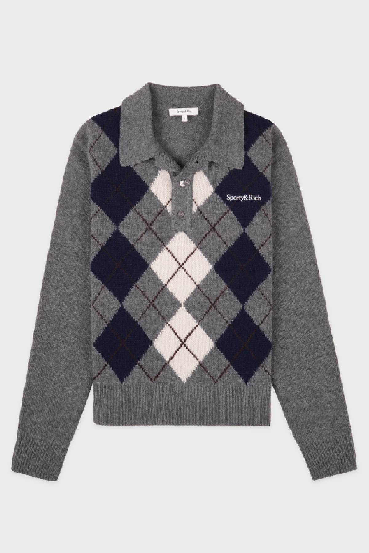 Sporty & Rich Serif Logo Argyle Cashmere Polo - Gray