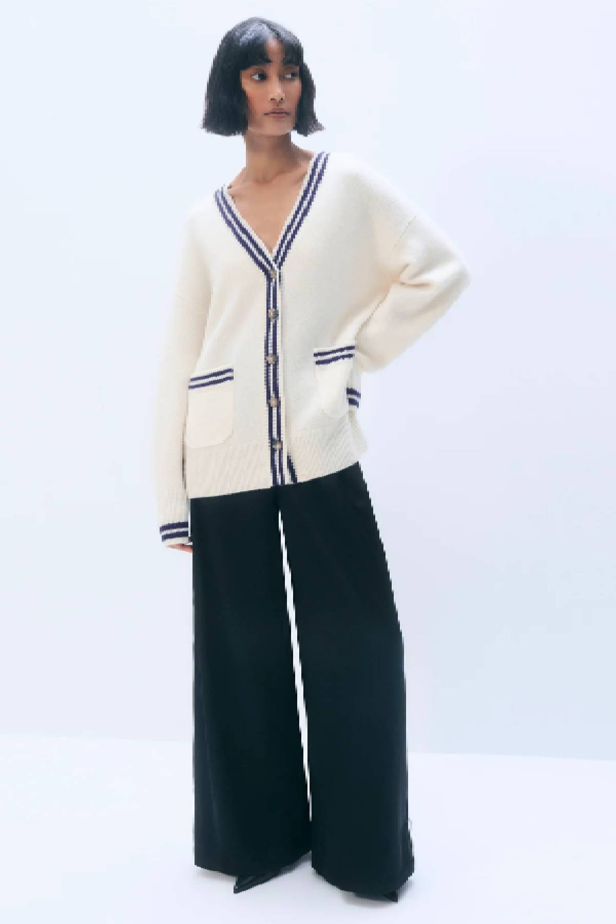 White + Warren Cashmere Varsity Cardigan - Soft White/ Deep Navy
