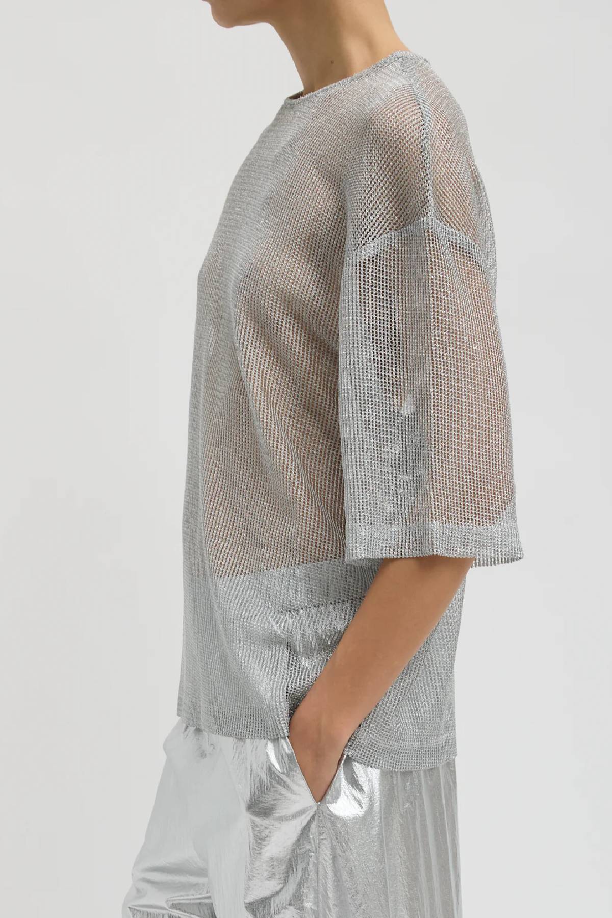 Tibi Viscose Metallic Mesh Easy T-Shirt - Silver