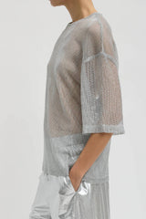 Tibi Viscose Metallic Mesh Easy T-Shirt - Silver