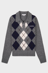 Sporty & Rich Serif Logo Argyle Cashmere Polo - Gray