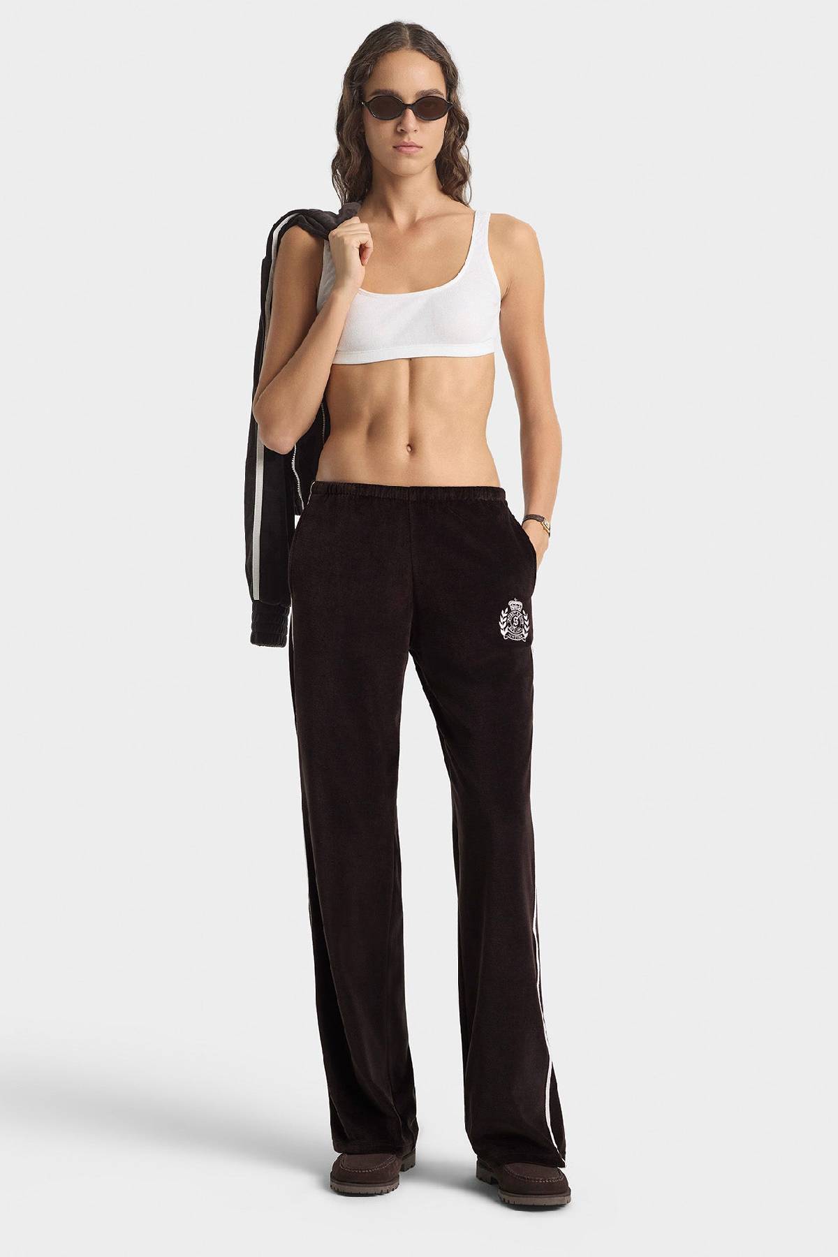 Sporty & Rich NY Crest Elio Velour Track Jacket - Chocolate
