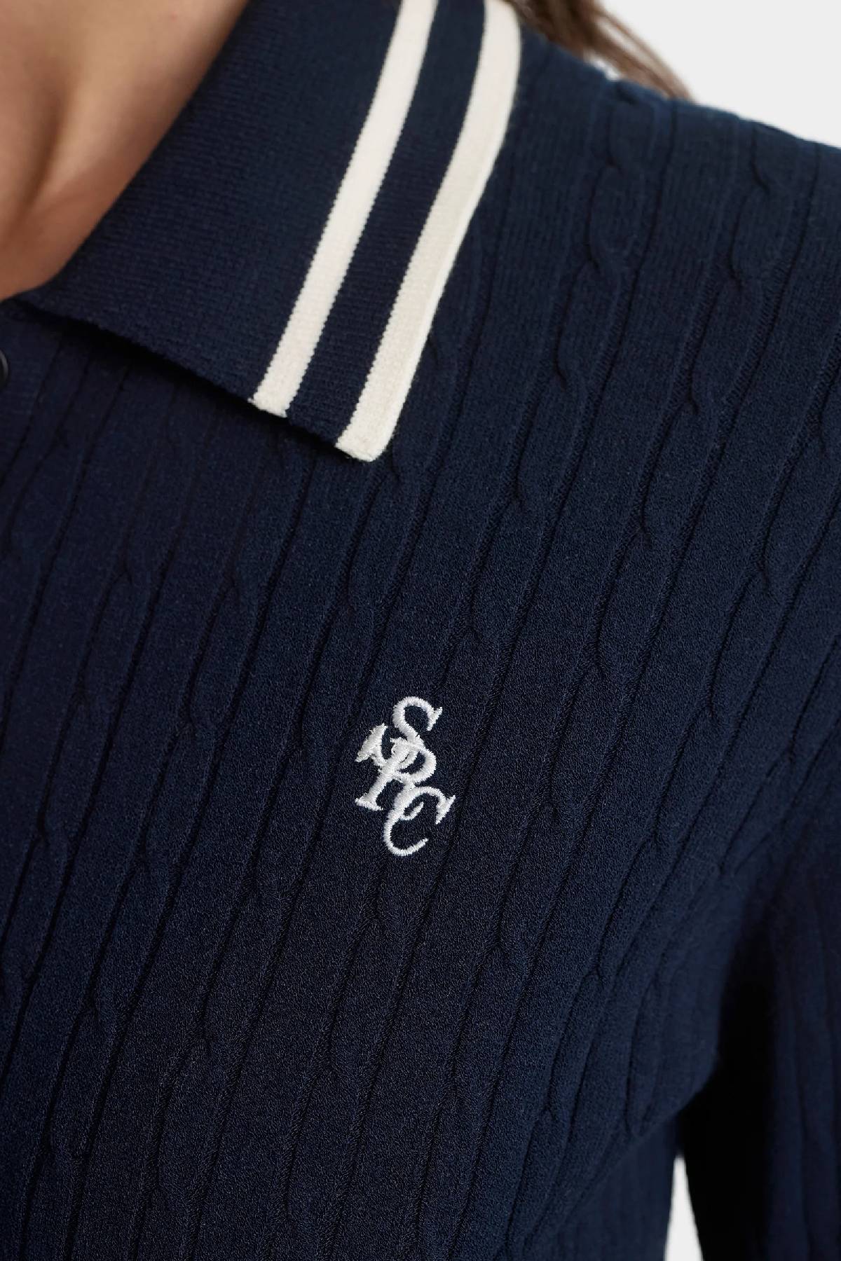 Sporty & Rich SRC Cableknit Polo - Dark Navy/Ecru
