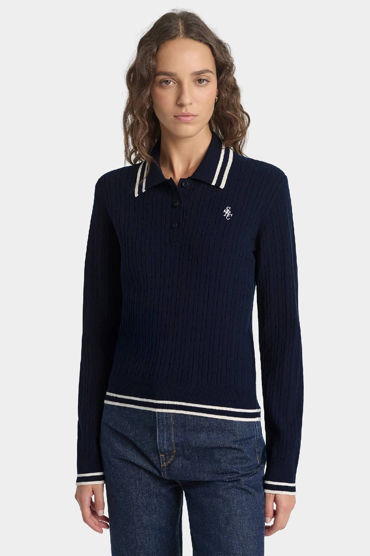 Sporty & Rich SRC Cableknit Polo - Dark Navy/Ecru