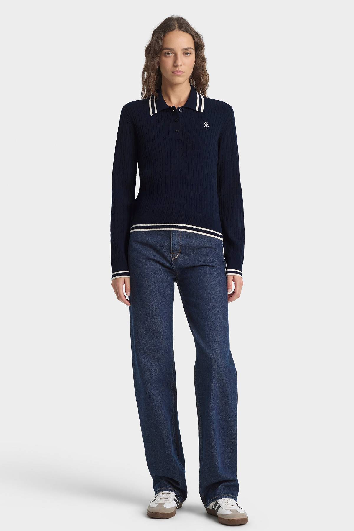 Sporty & Rich SRC Cableknit Polo - Dark Navy/Ecru