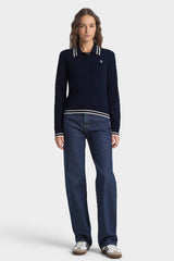 Sporty & Rich SRC Cableknit Polo - Dark Navy/Ecru