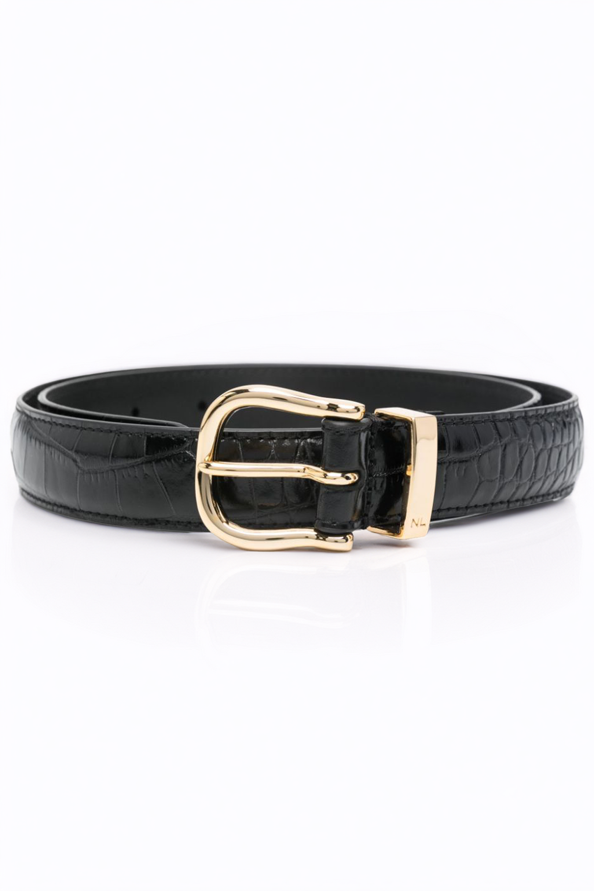 Nili Lotan Louise Croc Belt - Black Croc W/Shiny Brass Buckle