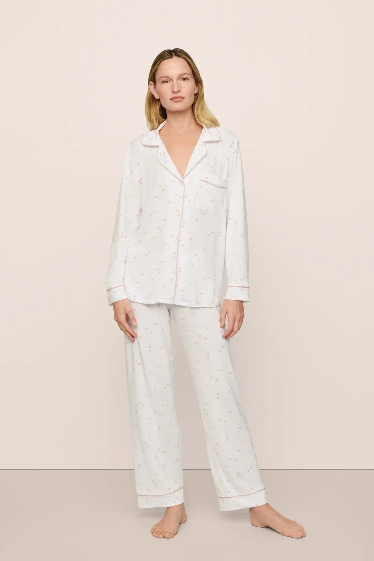 Eberjey Gisele Printed Long PJ Set - Summer Daisy White / Pale Mauve