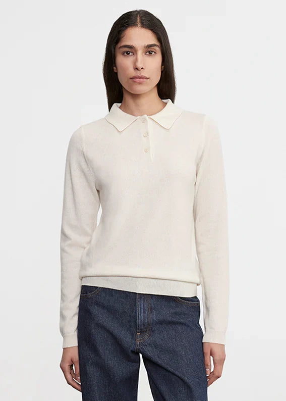 Enza Costa Knit Cashmere Polo Sweater - Chalk