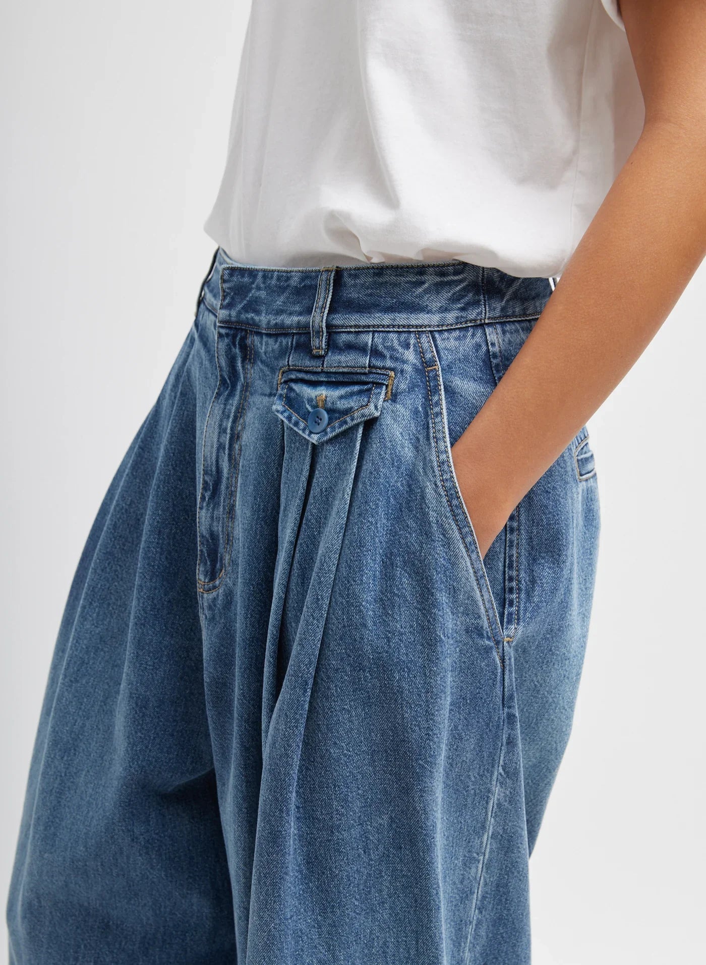 Tibi Spring Denim Triple Pleat Pant - Classic Blue