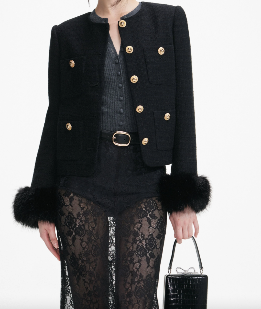 Self-Portrait Black Boucle Fur Cuff Jacket - Black