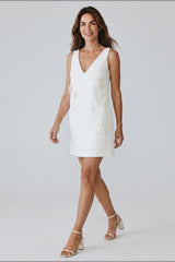 Self-Portrait White Crepe Embellished Flower Mini Dress - White